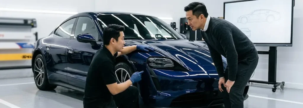 PPF 시공 전 차량 보호필름 부위를 확인하는 모습