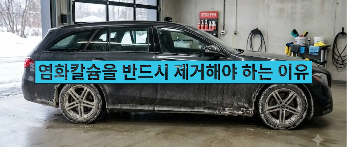 겨울철 도로 염화칼슘이 차량 하부와 휠 주변에 묻은 모습