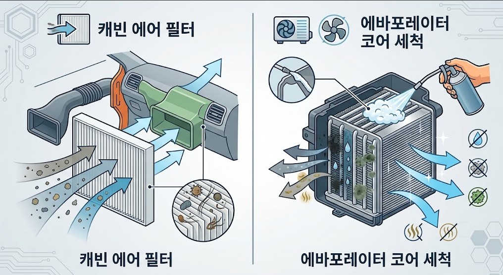 에어컨 필터 교체와 에바크리닝의 차이를 설명하는 이미지