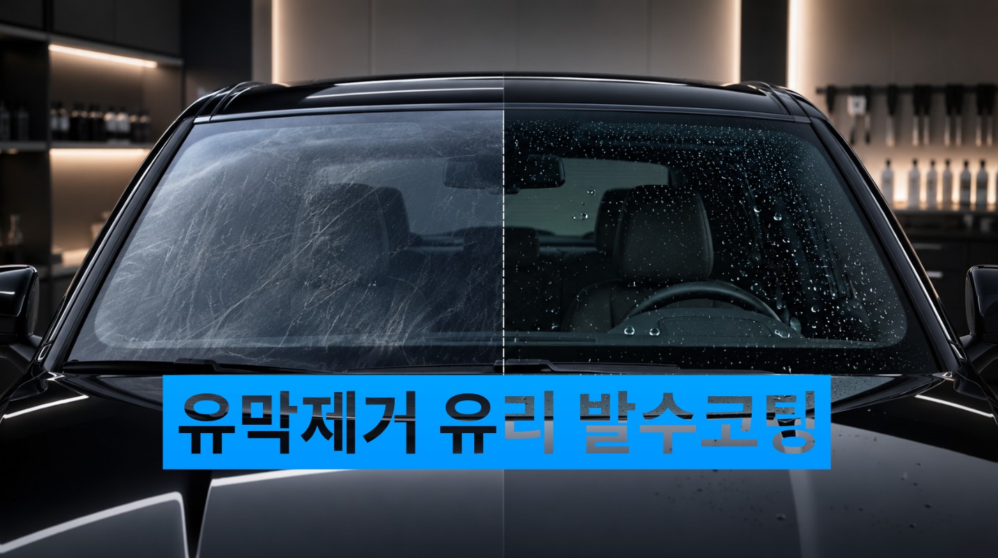 유막 제거와 유리 발수코팅의 차이를 보여주는 자동차 앞유리 비교 이미지