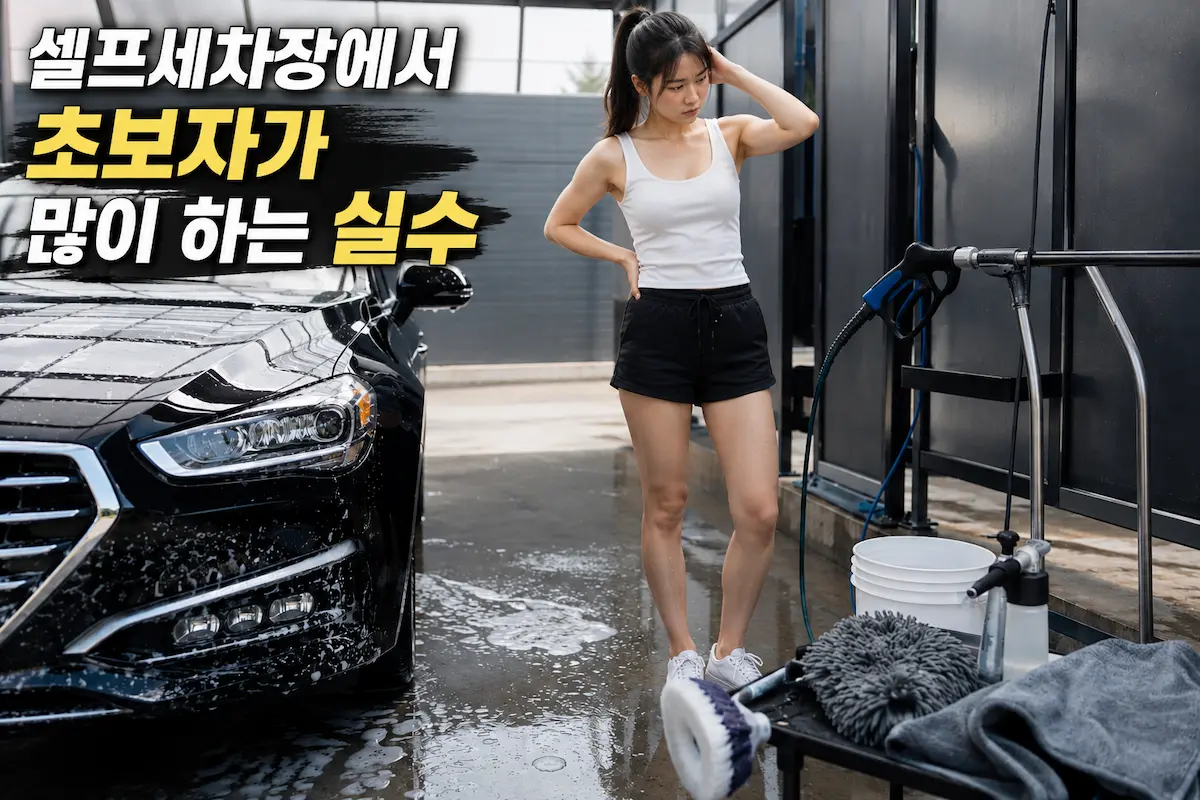 셀프세차 초보 실수 중 가장 많이 하는 실수 정리, 세차 도구와 고압수 앞에서 어떤 순서로 해야 할지 고민하는 장면