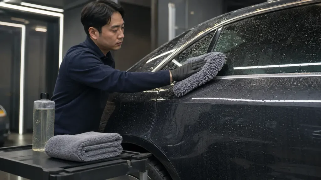 전문 디테일러가 코팅 차량을 중성 카샴푸와 부드러운 미트로 세차하고 드라잉하는 장면